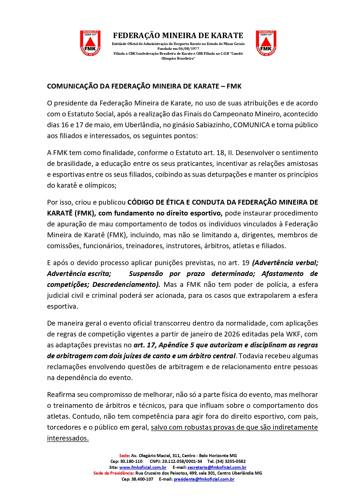 Comunicado da Presidência da FMK